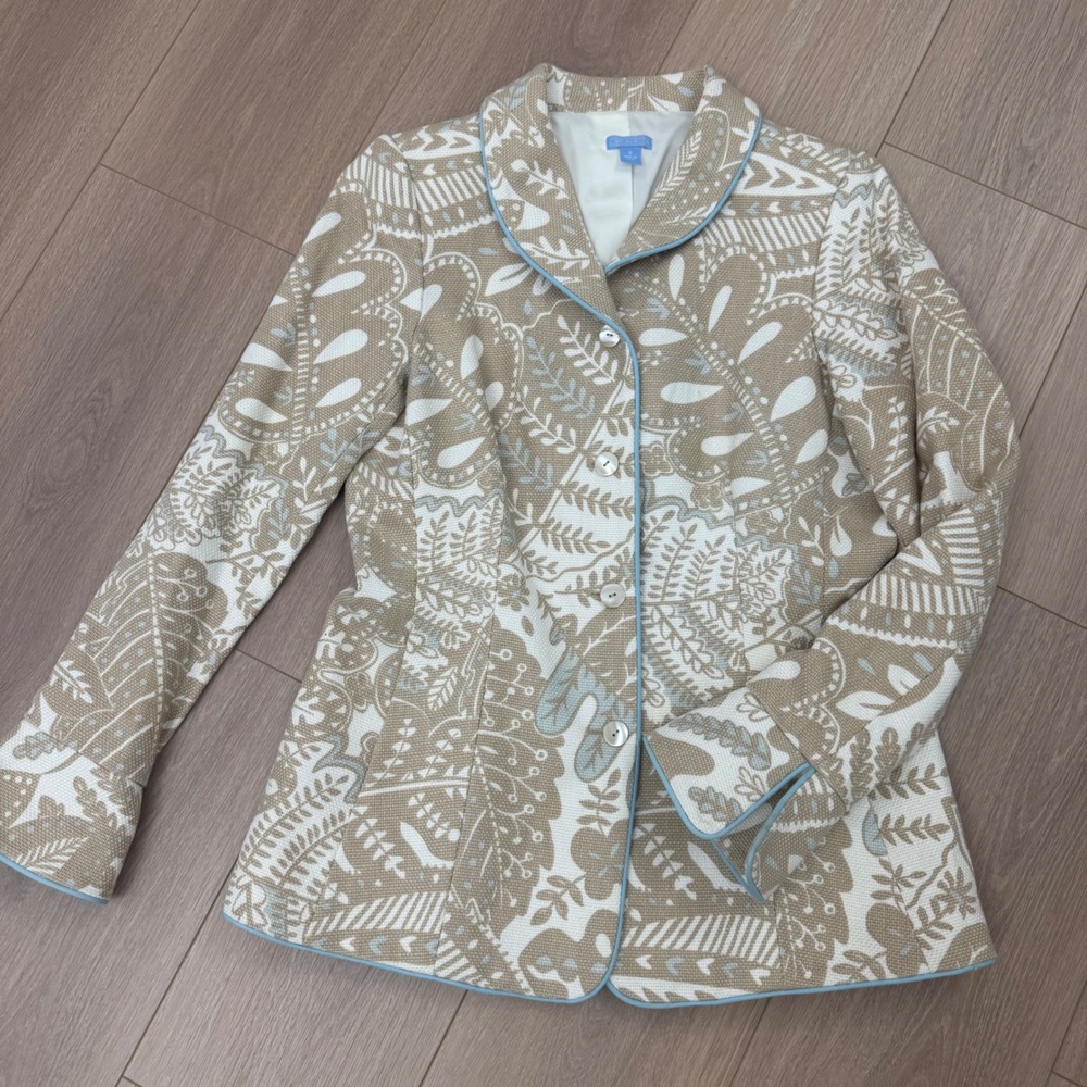 J. McLaughlin Paisley Basketweave Blazer Jacket Tan Blue Piping Sz 8 Made in USA